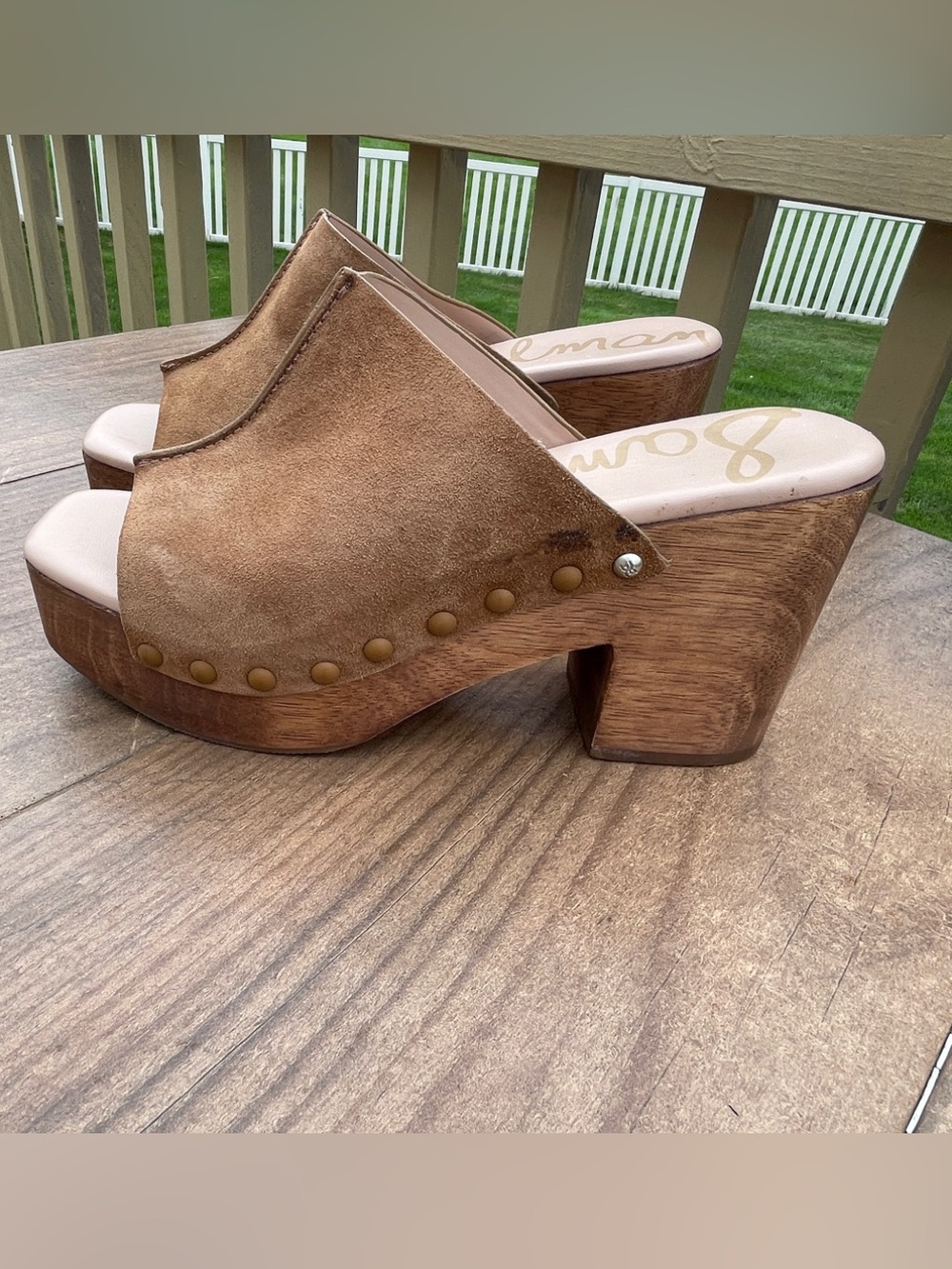Sam Edelman Josselyn Whiskey Brown Suede Wood-Platform Clog Heels